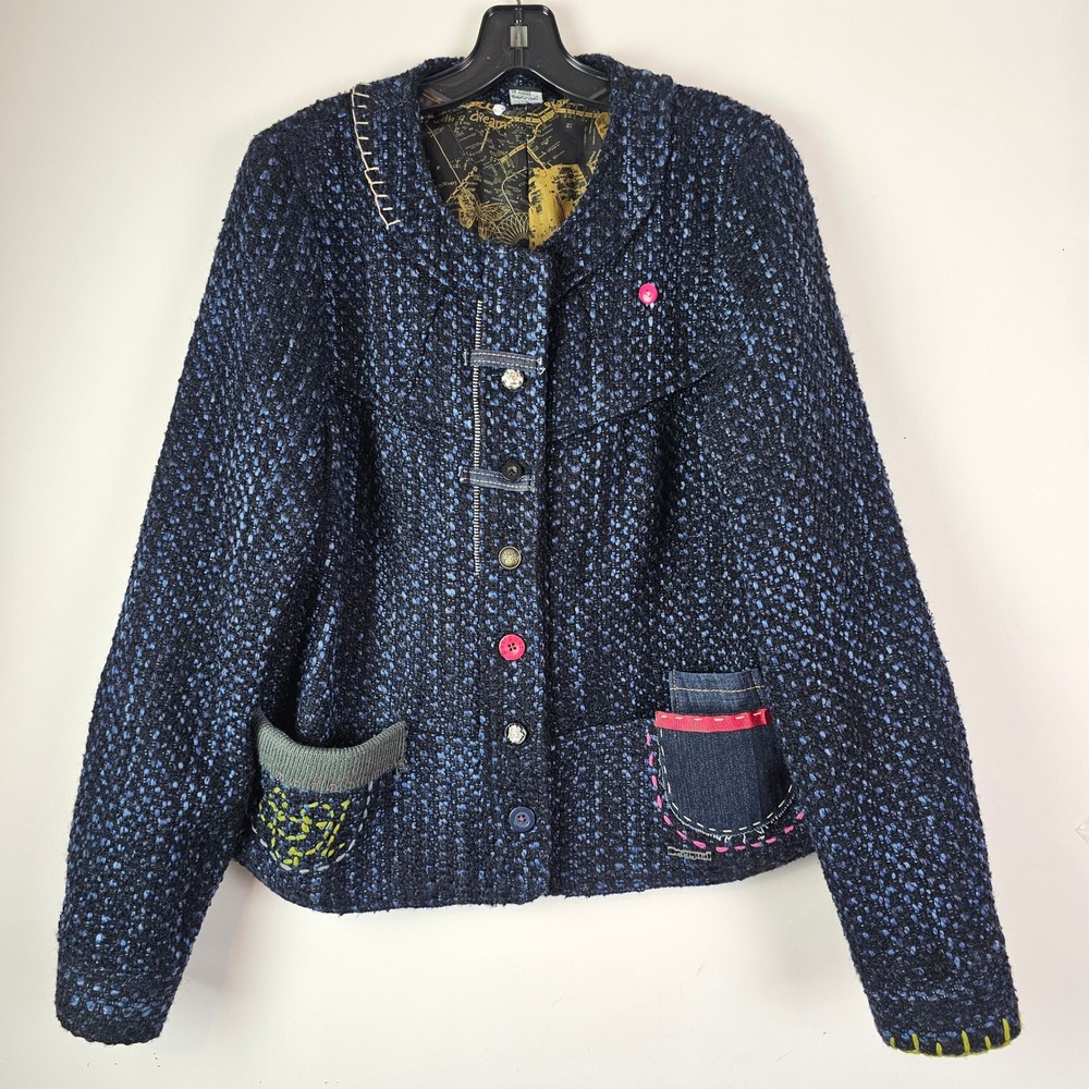 Desigual Patchwork Blue Tweed Wool Blend Jacket 17E2906 Size 44 Mixed Media Boho